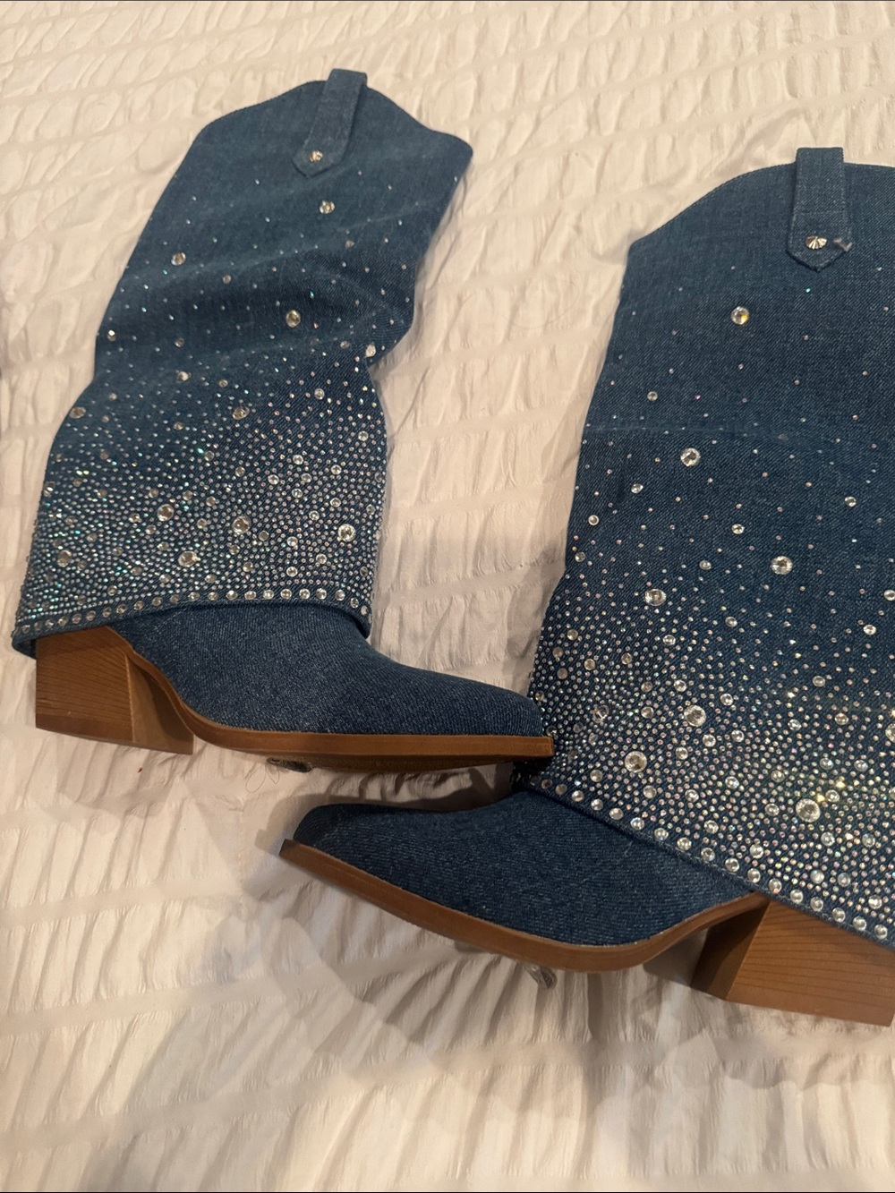Beautiful Denim Rhinestone Cowboy Boots - Blue